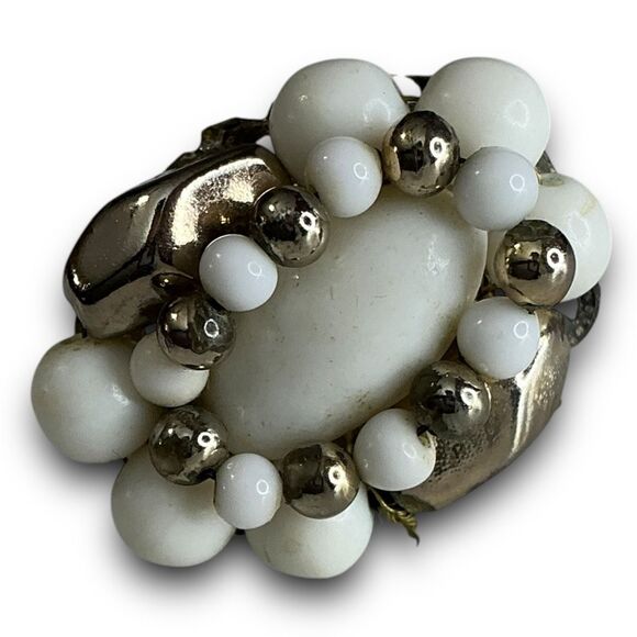 Vintage Classy Gold Toned White and Gold Beaded Cluster Clip On Earrings Marked - Picture 6 of 6